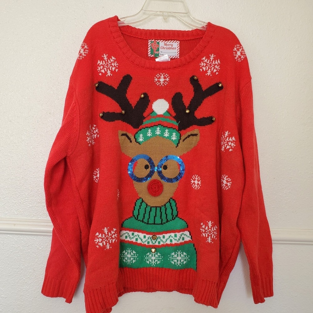 Christmas Ugly Sweater Womens L/XL Hipster Rudolph Reindeer Red Jingle Bells